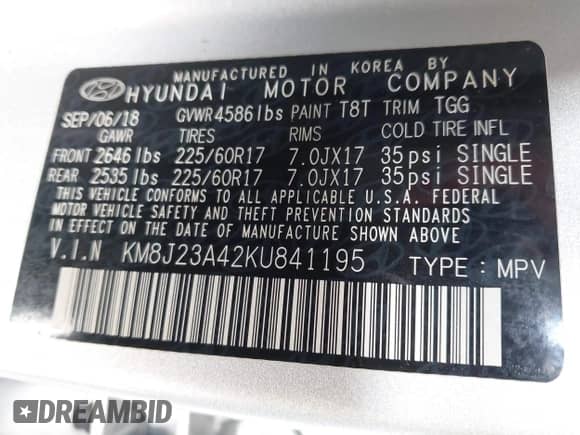 2019 Hyundai Tucson SE z VIN KM8J23A42KU841195, wystawiony jako IAAI lot #43476165 z przebiegiem 129 645 mil mil oraz . Historia ofert i sprzedaży dostępna na DreamBid. Obrazek 9.