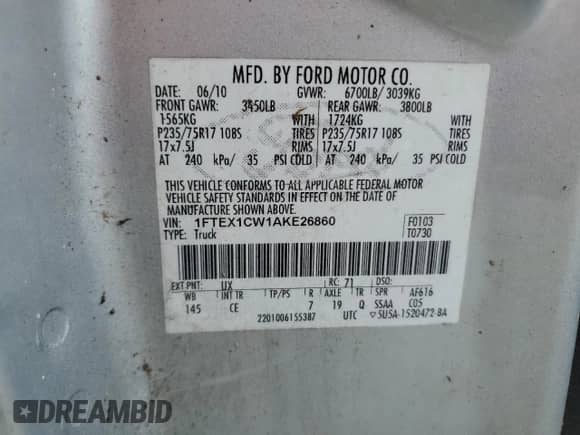 2010 Ford F-150 XL с VIN 1FTEX1CW1AKE26860, выставлен на аукционе Copart как лот 82692295 с пробегом 182 432 миль миль и Чистый • Clean title. История ставок и продаж доступна на DreamBid. Изображение 12.