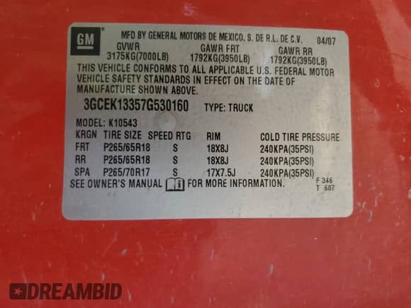 2007 Chevrolet Silverado 1500 LTZ z VIN 3GCEK13357G530160, wystawiony jako Copart lot #59669635 z przebiegiem 207 403 mil mil oraz Szkoda całkowita • Salvage title. Historia ofert i sprzedaży dostępna na DreamBid. Obrazek 12.
