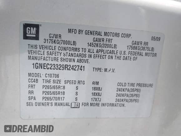2009 Chevrolet Tahoe 1LT z VIN 1GNEC23329R242741, wystawiony jako IAAI lot #41280594 z przebiegiem 255 674 mil mil oraz . Historia ofert i sprzedaży dostępna na DreamBid. Obrazek 9.