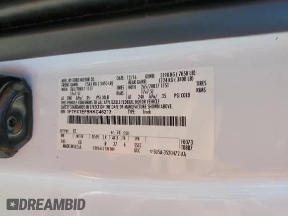 2017 Ford F-150 XL with VIN 1FTFX1EF5HKC46213, listed as a Copart auction lot 69103925 with 150,847 mi miles and Salvage title. Bid and sale history available at DreamBid. Image 12.