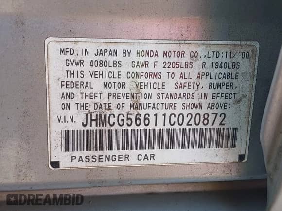 2001 Honda Accord EX with VIN JHMCG56611C020872, listed as a IAAI auction lot 42518660 with 254,397 mi miles and . Bid and sale history available at DreamBid. Image 9.