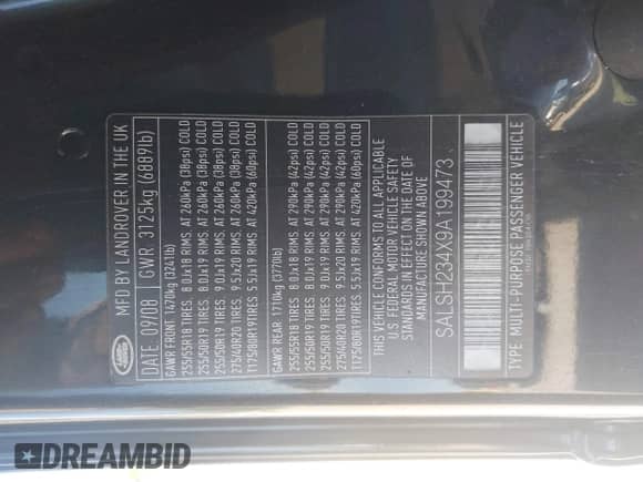 2009 Land Rover Range Rover Sport SC with VIN SALSH234X9A199473, listed as a IAAI auction lot 43315797 with 181,642 mi miles and . Bid and sale history available at DreamBid. Image 9.