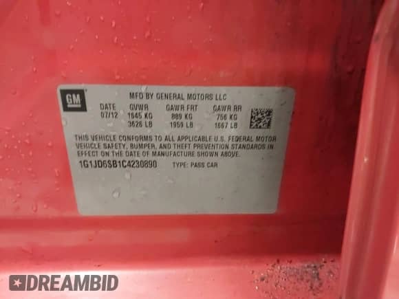 2012 Chevrolet Sonic LT с VIN 1G1JD6SB1C4230890, выставлен на аукционе IAAI как лот 41265634 с пробегом 161 886 миль миль и . История ставок и продаж доступна на DreamBid. Изображение 9.