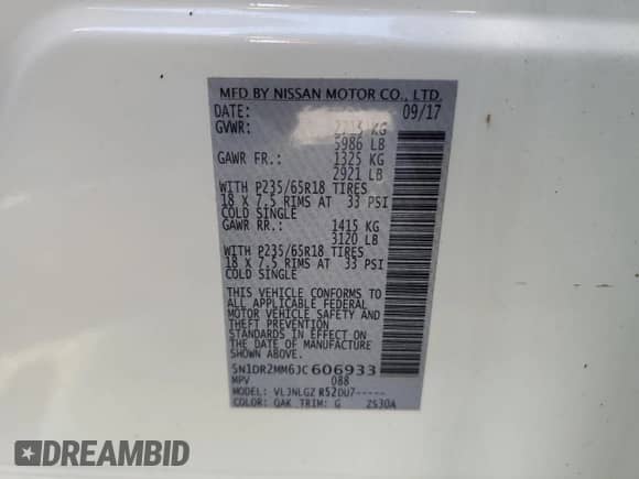 2018 Nissan Pathfinder SV with VIN 5N1DR2MM6JC606933, listed as a Copart auction lot 70184505 with 52,095 mi miles and Salvage title. Bid and sale history available at DreamBid. Image 12.