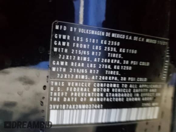 2022 Volkswagen Tiguan S с VIN 3VV1B7AX3NM037441, выставлен на аукционе Copart как лот 60468415 с пробегом 48 237 миль миль и Списание • Salvage title. История ставок и продаж доступна на DreamBid. Изображение 13.