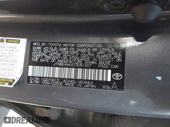 2007 Toyota Camry CE с VIN JTNBE46K673081407, выставлен на аукционе IAAI как лот 43127360 с пробегом 171 000 миль миль и . История ставок и продаж доступна на DreamBid. Изображение 9.