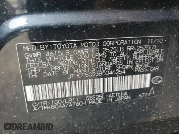 2011 Lexus IS 250 with VIN JTHCF5C23B5046254, listed as a Copart auction lot 60867845 with 161,922 mi miles and Non repairable. Bid and sale history available at DreamBid. Image 12.