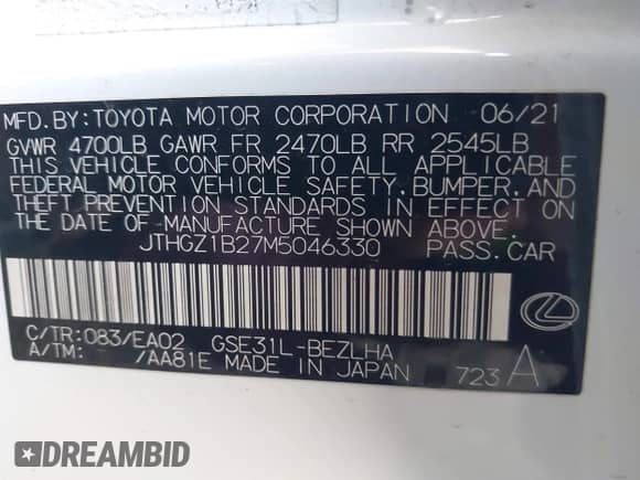 2021 Lexus IS 350 F Sport with VIN JTHGZ1B27M5046330, listed as a IAAI auction lot 42499850 with 39,484 mi miles and . Bid and sale history available at DreamBid. Image 9.