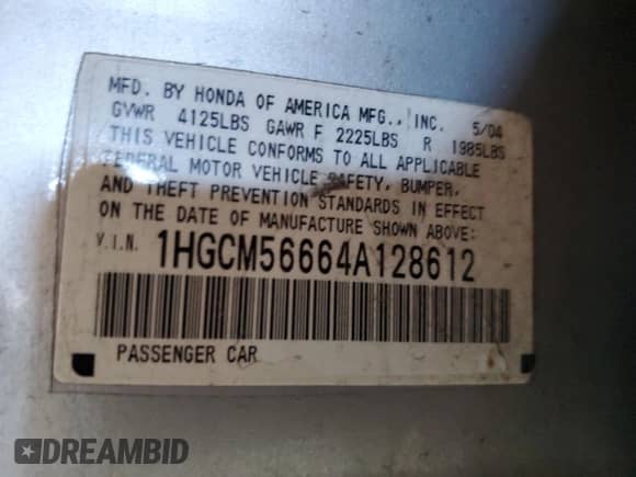 2004 Honda Accord EX with VIN 1HGCM56664A128612, listed as a Copart auction lot 85004845 with 232,859 mi miles and Salvage title. Bid and sale history available at DreamBid. Image 12.