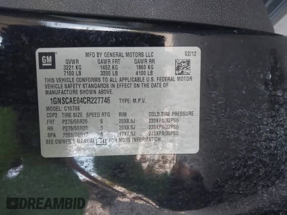 2012 Chevrolet Tahoe LS with VIN 1GNSCAE04CR227746, listed as a IAAI auction lot 43327587 with 232,116 mi miles and . Bid and sale history available at DreamBid. Image 9.