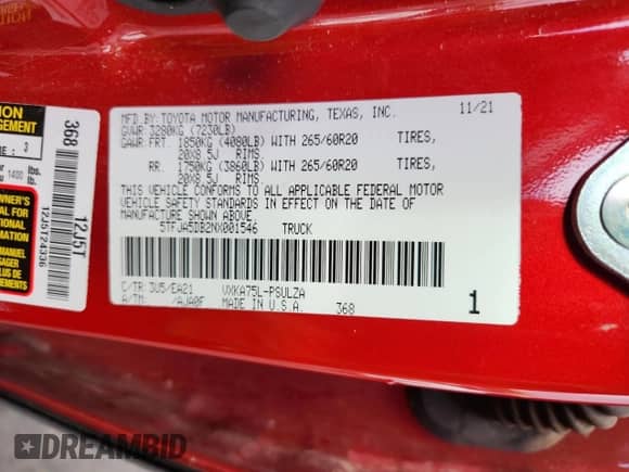 2022 Toyota Tundra Limited with VIN 5TFJA5DB2NX001546, listed as a Copart auction lot 84411785 with 32,693 mi miles and Salvage title. Bid and sale history available at DreamBid. Image 13.