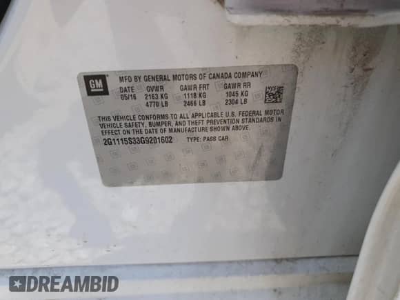 2016 Chevrolet Impala LT with VIN 2G1115S33G9201602, listed as a Copart auction lot 63747025 with 175,987 mi miles and Salvage title. Bid and sale history available at DreamBid. Image 13.