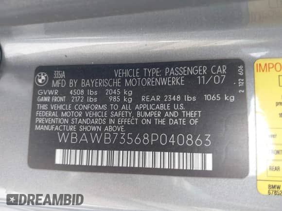 2008 BMW 3 Series 335i with VIN WBAWB73568P040863, listed as a IAAI auction lot 43367833 with 146,119 mi miles and . Bid and sale history available at DreamBid. Image 9.