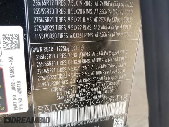 2019 Land Rover Range Rover Sport HSE Dynamic with VIN SALWV2SV7KA426418, listed as a Copart auction lot 66911595 with 88,525 mi miles and Salvage title. Bid and sale history available at DreamBid. Image 12.