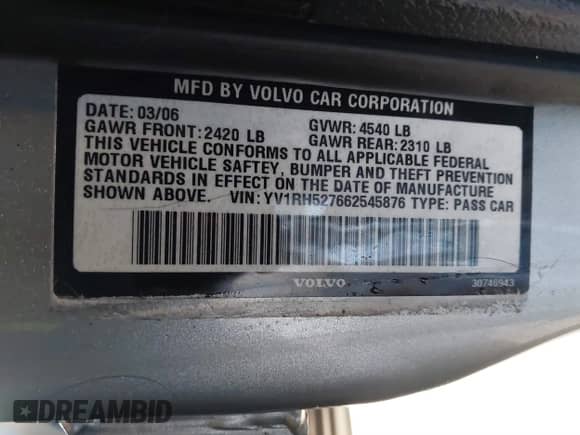2006 Volvo S60 2.5L Turbo R с VIN YV1RH527662545876, выставлен на аукционе IAAI как лот 41504361 с пробегом 119 635 миль миль и . История ставок и продаж доступна на DreamBid. Изображение 9.