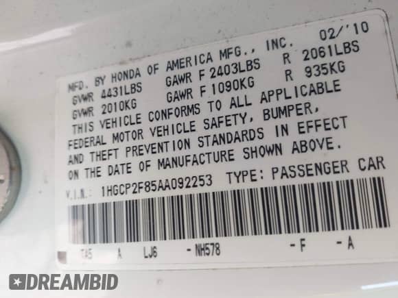 2010 Honda Accord EX-L с VIN 1HGCP2F85AA092253, выставлен на аукционе IAAI как лот 43471329 с пробегом 168 607 миль миль и . История ставок и продаж доступна на DreamBid. Изображение 9.