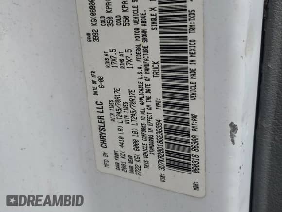 2008 Dodge 2500 ST with VIN 3D7KR28D18G236994, listed as a Copart auction lot 56574195 with 161,905 mi miles and Clean title. Bid and sale history available at DreamBid. Image 12.