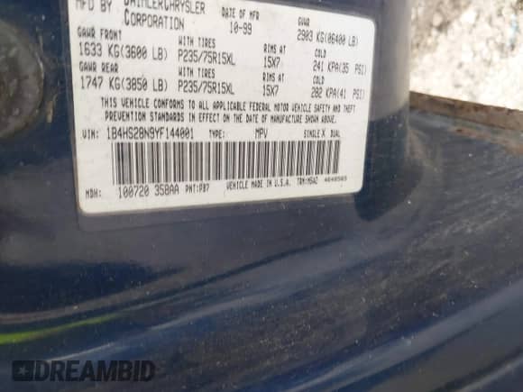 2000 Dodge Durango with VIN 1B4HS28N9YF144001, listed as a IAAI auction lot 42667472 with Not provided miles and . Bid and sale history available at DreamBid. Image 9.