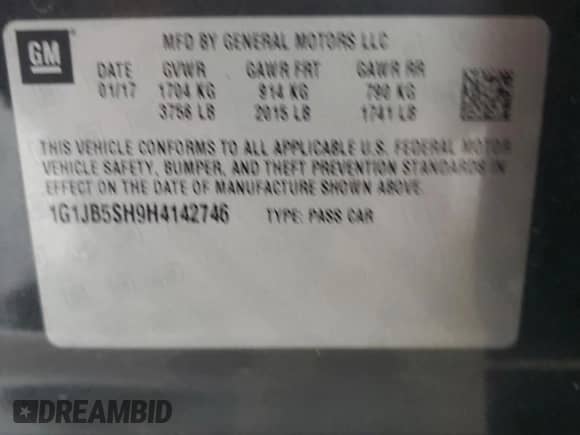 2017 Chevrolet Sonic LS with VIN 1G1JB5SH9H4142746, listed as a Copart auction lot 81568665 with 148,068 mi miles and Salvage title. Bid and sale history available at DreamBid. Image 12.
