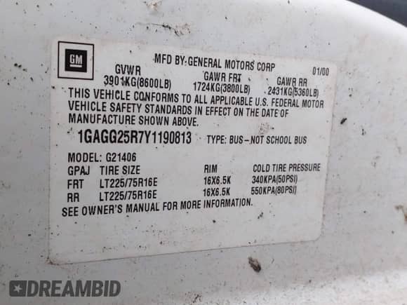 2000 Chevrolet Express with VIN 1GAGG25R7Y1190813, listed as a IAAI auction lot 43322321 with 134,568 mi miles and . Bid and sale history available at DreamBid. Image 9.