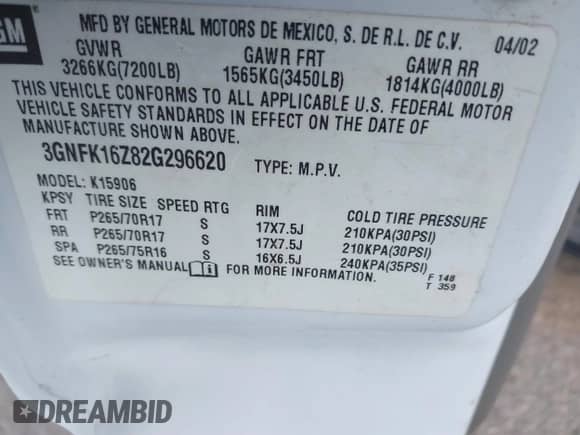 2002 Chevrolet Suburban Z71 с VIN 3GNFK16Z82G296620, выставлен на аукционе IAAI как лот 41572570 с пробегом 332 095 миль миль и . История ставок и продаж доступна на DreamBid. Изображение 9.