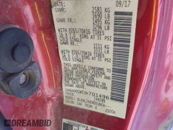 2018 Nissan Frontier SV z VIN 1N6AD0CW5JN701496, wystawiony jako IAAI lot #41518062 z przebiegiem 189 121 mil mil oraz . Historia ofert i sprzedaży dostępna na DreamBid. Obrazek 9.