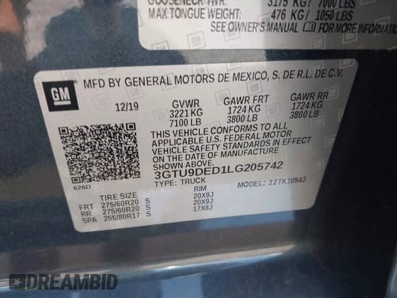 2020 GMC Sierra 1500 SLT with VIN 3GTU9DED1LG205742, listed as a IAAI auction lot 42733097 with 82,538 mi miles and . Bid and sale history available at DreamBid. Image 9.