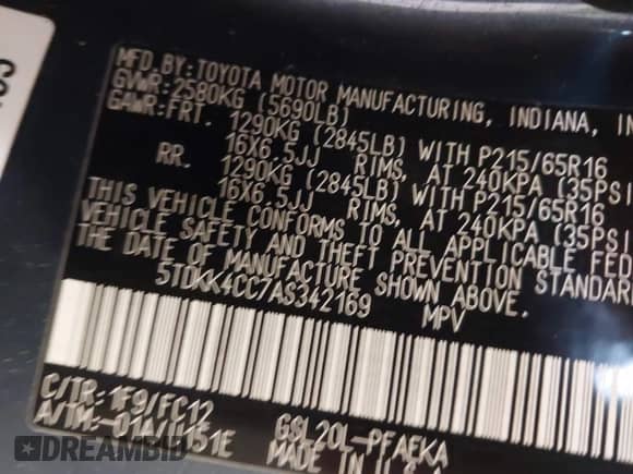 2010 Toyota Sienna CE с VIN 5TDKK4CC7AS342169, выставлен на аукционе IAAI как лот 43448371 с пробегом 267 574 миль миль и . История ставок и продаж доступна на DreamBid. Изображение 9.