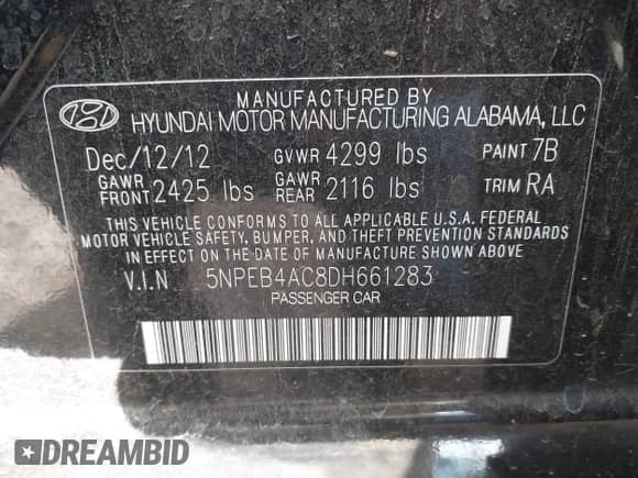 2013 Hyundai Sonata GLS z VIN 5NPEB4AC8DH661283, wystawiony jako IAAI lot #43271538 z przebiegiem 152 577 mil mil oraz . Historia ofert i sprzedaży dostępna na DreamBid. Obrazek 9.