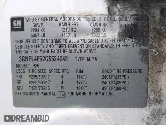 2012 Chevrolet Captiva Sport LTZ with VIN 3GNFL4E52CS524042, listed as a IAAI auction lot 42957430 with 194,117 mi miles and . Bid and sale history available at DreamBid. Image 9.