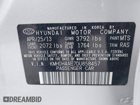 2013 Hyundai Elantra GLS with VIN KMHDH4AE7DU858457, listed as a IAAI auction lot 43241444 with 153,661 mi miles and . Bid and sale history available at DreamBid. Image 9.