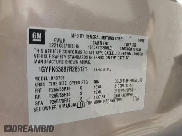 2007 Cadillac Escalade с VIN 1GYFK63887R285121, выставлен на аукционе Copart как лот 68832695 с пробегом 222 300 миль миль и Списание • Salvage title. История ставок и продаж доступна на DreamBid. Изображение 12.