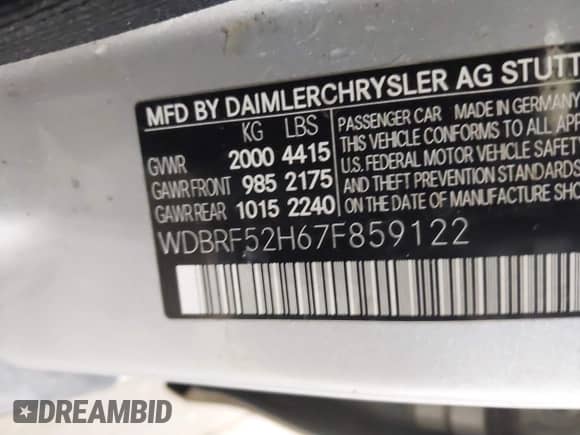 2007 Mercedes-Benz C 230 Sport with VIN WDBRF52H67F859122, listed as a IAAI auction lot 42916389 with 157,115 mi miles and . Bid and sale history available at DreamBid. Image 9.