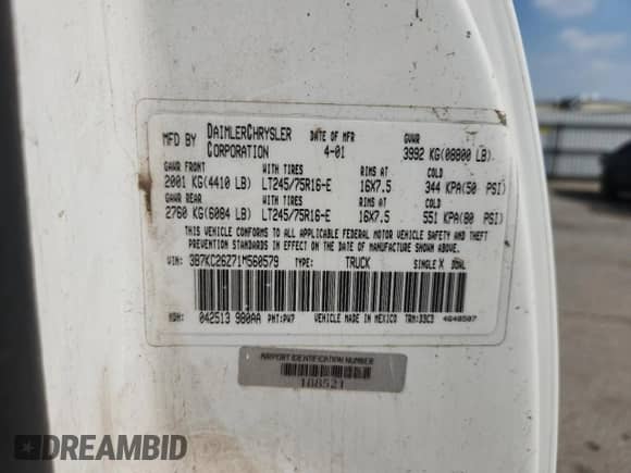 2001 Dodge 2500 with VIN 3B7KC26Z71M560579, listed as a Copart auction lot 83755665 with 120,911 mi miles and Clean title. Bid and sale history available at DreamBid. Image 12.