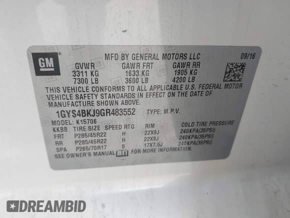 2016 Cadillac Escalade Luxury Collection with VIN 1GYS4BKJ9GR483552, listed as a IAAI auction lot 42223494 with 103,187 mi miles and . Bid and sale history available at DreamBid. Image 9.