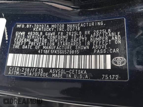 2016 Toyota Camry SE с VIN 4T1BF1FK5GU579815, выставлен на аукционе IAAI как лот 43561200 с пробегом 98 570 миль миль и . История ставок и продаж доступна на DreamBid. Изображение 9.