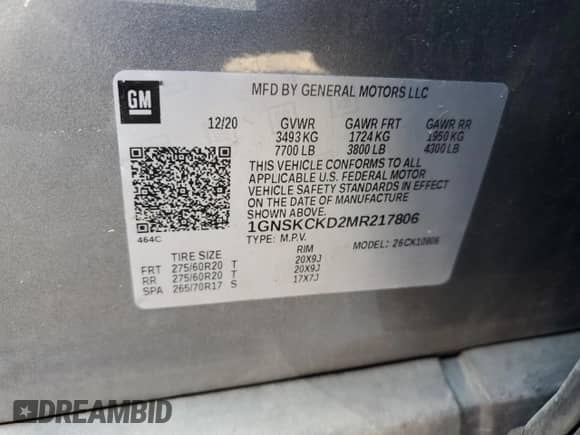 2021 Chevrolet Suburban LT с VIN 1GNSKCKD2MR217806, выставлен на аукционе Copart как лот 71220665 с пробегом 68 380 миль миль и Списание • Salvage title. История ставок и продаж доступна на DreamBid. Изображение 13.