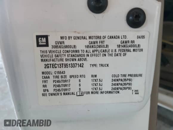 2005 GMC Sierra 1500 SLT z VIN 2GTEC13T951337142, wystawiony jako Copart lot #52823625 z przebiegiem 245 568 mil mil oraz Szkoda całkowita • Salvage title. Historia ofert i sprzedaży dostępna na DreamBid. Obrazek 12.