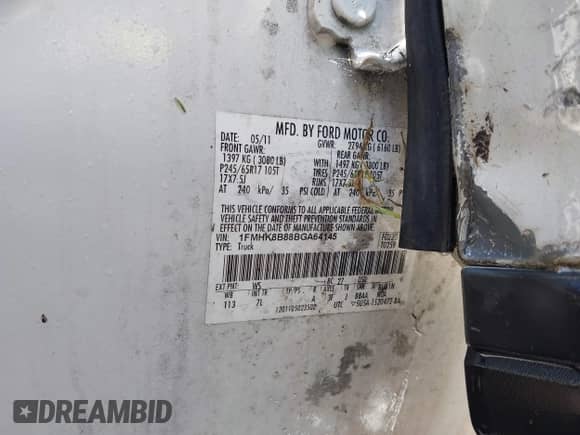 2011 Ford Explorer with VIN 1FMHK8B88BGA64145, listed as a IAAI auction lot 42496626 with 254,835 mi miles and . Bid and sale history available at DreamBid. Image 9.