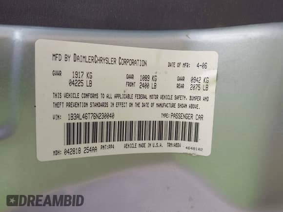 2006 Dodge Stratus SXT с VIN 1B3AL46T76N230040, выставлен на аукционе IAAI как лот 42696803 с пробегом 107 079 миль миль и . История ставок и продаж доступна на DreamBid. Изображение 9.