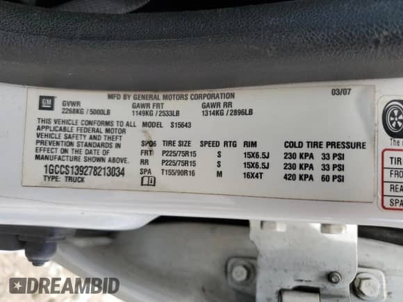 2007 Chevrolet Colorado 1LT с VIN 1GCCS139278213034, выставлен на аукционе Copart как лот 56645005 с пробегом 325 866 миль миль и Списание • Salvage title. История ставок и продаж доступна на DreamBid. Изображение 13.