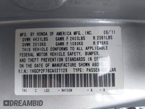 2012 Honda Accord EX с VIN 1HGCP2F76CA027129, выставлен на аукционе IAAI как лот 43431239 с пробегом 151 674 миль миль и . История ставок и продаж доступна на DreamBid. Изображение 9.