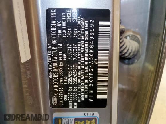 2019 Kia Sorento LX with VIN 5XYPG4A36KG499992, listed as a Copart auction lot 70633465 with 93,695 mi miles and Salvage title. Bid and sale history available at DreamBid. Image 14.