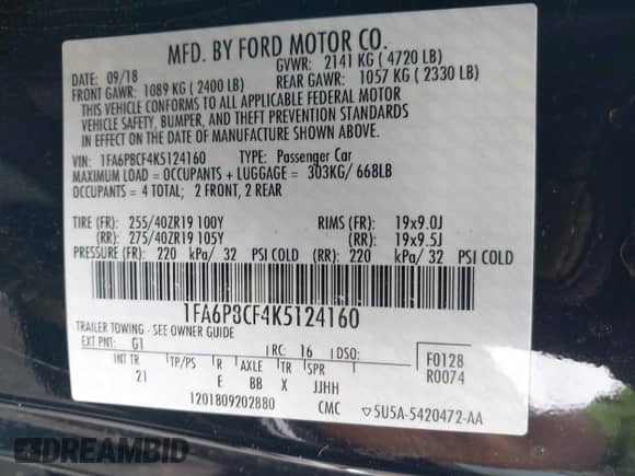 2019 Ford Mustang GT z VIN 1FA6P8CF4K5124160, wystawiony jako IAAI lot #43291307 z przebiegiem 19 959 mil mil oraz . Historia ofert i sprzedaży dostępna na DreamBid. Obrazek 9.