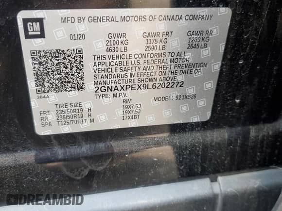 2020 Chevrolet Equinox Premier с VIN 2GNAXPEX9L6202272, выставлен на аукционе Copart как лот 67000765 с пробегом 50 904 миль миль и Списание • Salvage title. История ставок и продаж доступна на DreamBid. Изображение 13.