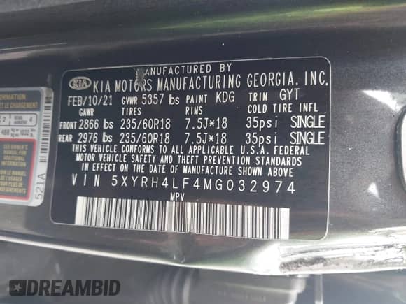 2021 Kia Sorento EX with VIN 5XYRH4LF4MG032974, listed as a IAAI auction lot 42235158 with 74,850 mi miles and . Bid and sale history available at DreamBid. Image 9.