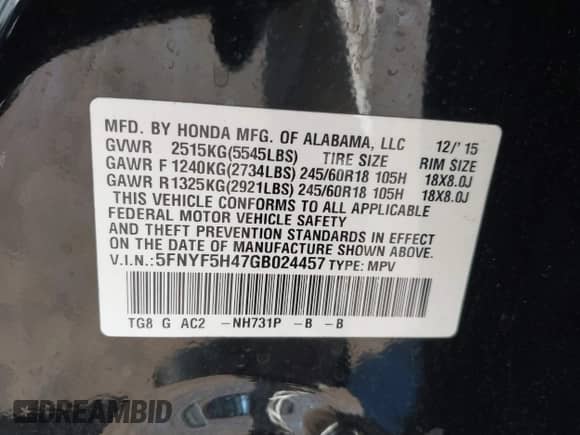 2016 Honda Pilot EX with VIN 5FNYF5H47GB024457, listed as a IAAI auction lot 41509558 with 115,439 mi miles and . Bid and sale history available at DreamBid. Image 9.