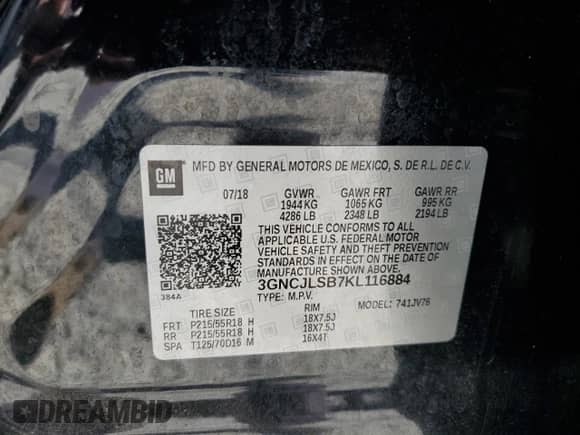 2019 Chevrolet Trax LT с VIN 3GNCJLSB7KL116884, выставлен на аукционе Copart как лот 80578915 с пробегом 126 988 миль миль и Списание • Salvage title. История ставок и продаж доступна на DreamBid. Изображение 13.