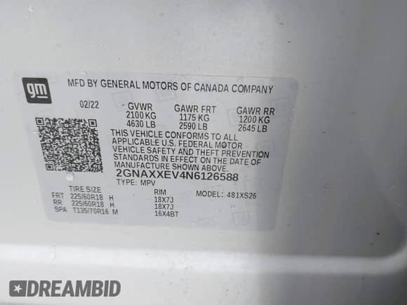 2022 Chevrolet Equinox Premier с VIN 2GNAXXEV4N6126588, выставлен на аукционе IAAI как лот 43229132 с пробегом 55 766 миль миль и . История ставок и продаж доступна на DreamBid. Изображение 9.